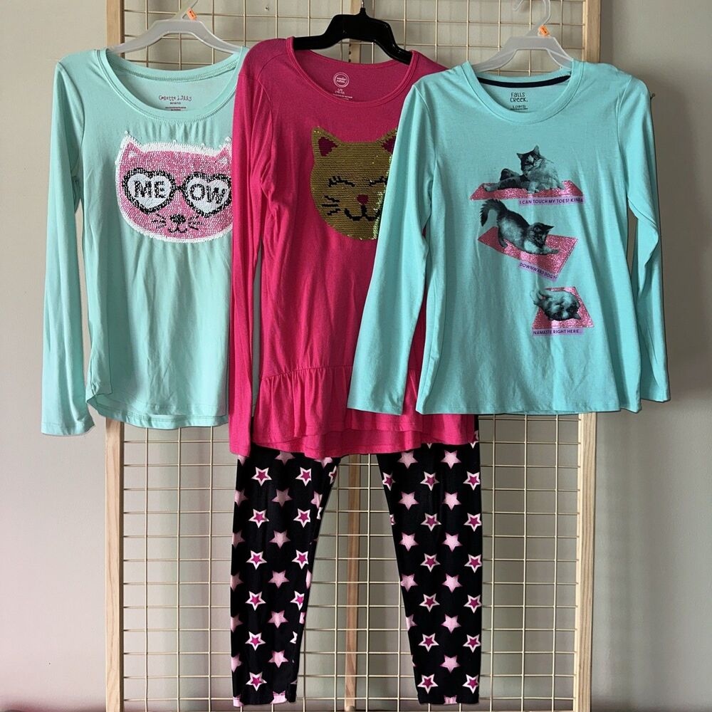 Girls L 10-12 Cat Lovers Outfit Set 3 Long Sleeve T-shirts 1 pair Leggings